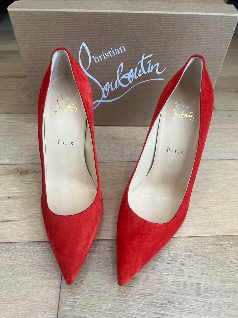 Brand New Christian Louboutin Poppy Red Suede Pointed Toe Pumps/Heels Size 39/ 9